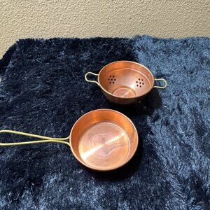 Vintage Copper Miniature Colander & Pan Set With Brass Handles